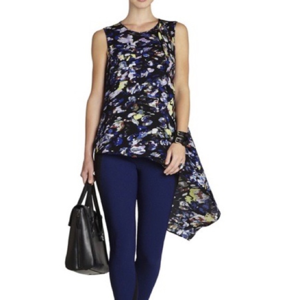 BCBG MaxAzria Edythe Blue Abstract Cascade Drape Sleeveless Top, XS
